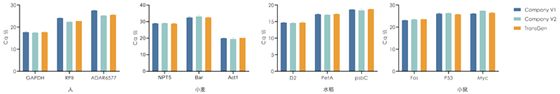 使用Company V1、Company V2、TransGen产品，以不同物种RNA为模板  进行反转录后定量扩增不同基因。 结果表明，TransGen产品可适用于多种物种。
